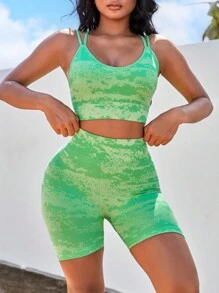 滿版印花寬腰帶運動套裝 - 綠色 - 查看 5