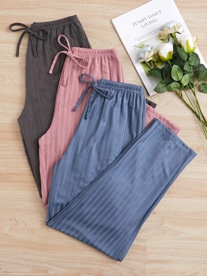 3 piezas Pantalones de pijama anchos y sueltos con nudo en la cintura para mujer