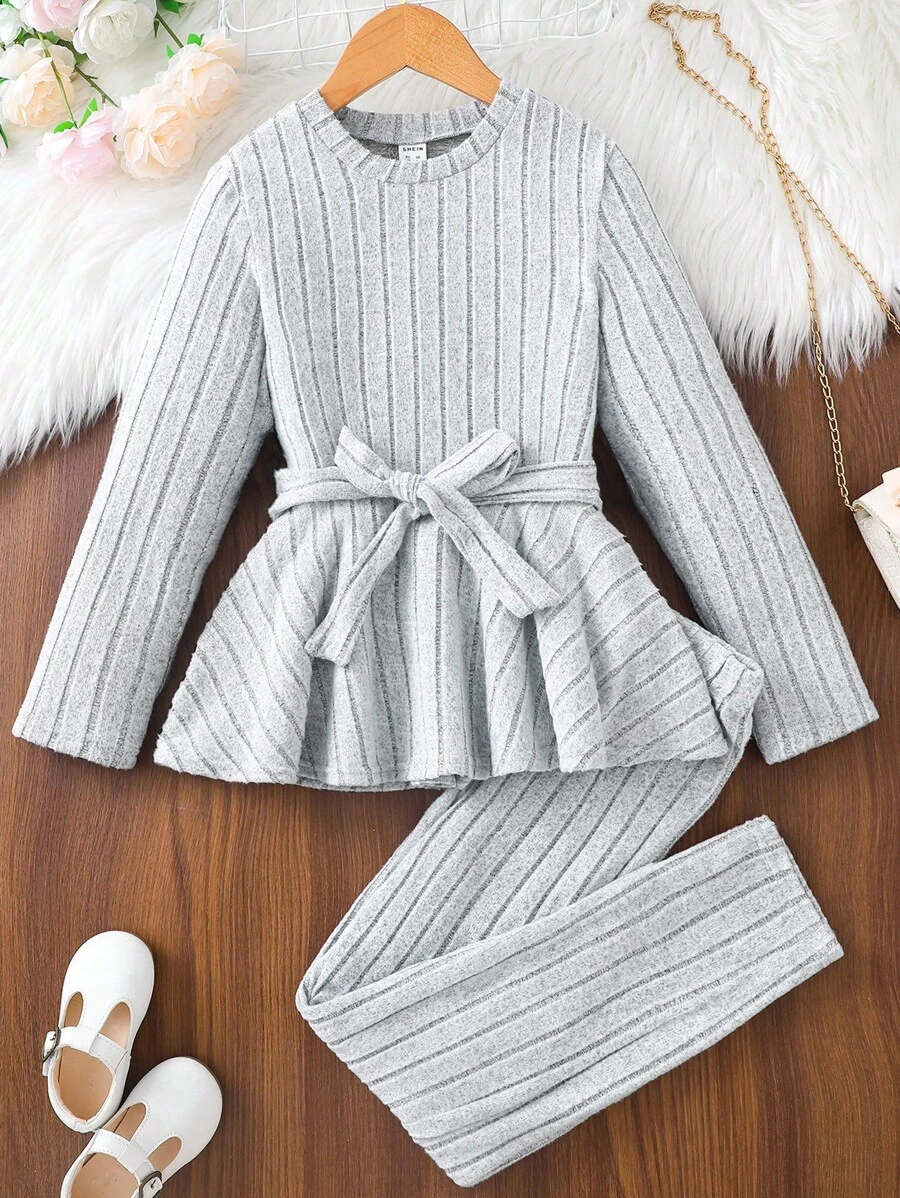 Tween Girl Solid Peplum Hem Tee & Trousers - Light Grey - View 1