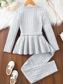 Tween Girl Solid Peplum Hem Tee & Trousers - Light Grey - View 2