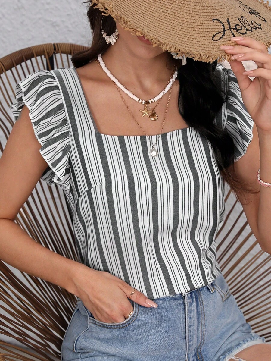 SHEIN VCAY Áo sơ mi nữ Xù Sọc Giải trí - Màu xám đen - Xem 1