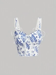 SHEIN MOD Áo khoác và áo lót dành cho xe tăng nữ Tương phản ren Thắt nút Sò điệp Hoa Tất cả trên in Boho - Xanh và trắng - Xem 1