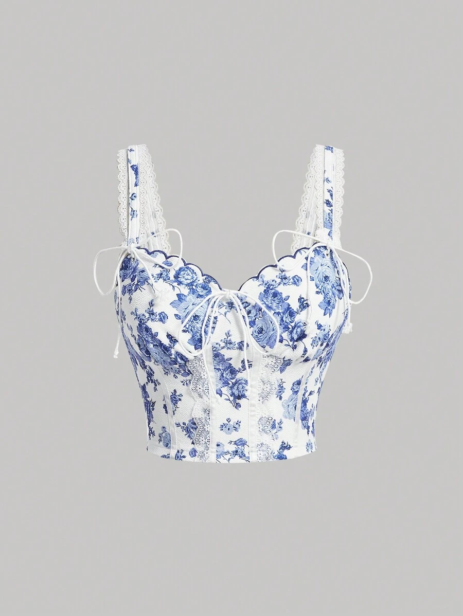 SHEIN MOD Áo khoác và áo lót dành cho xe tăng nữ Tương phản ren Thắt nút Sò điệp Hoa Tất cả trên in Boho - Xanh và trắng - Xem 1