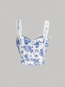 SHEIN MOD Áo khoác và áo lót dành cho xe tăng nữ Tương phản ren Thắt nút Sò điệp Hoa Tất cả trên in Boho - Xanh và trắng - Xem 2