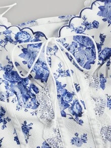 SHEIN MOD Áo khoác và áo lót dành cho xe tăng nữ Tương phản ren Thắt nút Sò điệp Hoa Tất cả trên in Boho - Xanh và trắng - Xem 4