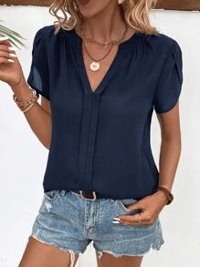 SHEIN VCAY Áo sơ mi nữ Uốn nếp màu trơn Giải trí - Màu xanh hải quân - Xem 3