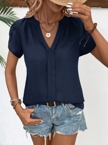 SHEIN VCAY Áo sơ mi nữ Uốn nếp màu trơn Giải trí - Màu xanh hải quân - Xem 4