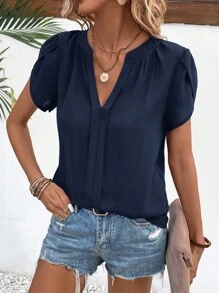 SHEIN VCAY Áo sơ mi nữ Uốn nếp màu trơn Giải trí - Màu xanh hải quân - Xem 5