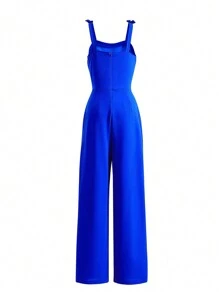 SHEIN 青少年女孩素色肩部蝴蝶結闊腿吊帶連體褲 - 藍色 - 查看 2