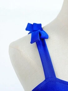 SHEIN 青少年女孩素色肩部蝴蝶結闊腿吊帶連體褲 - 藍色 - 查看 4