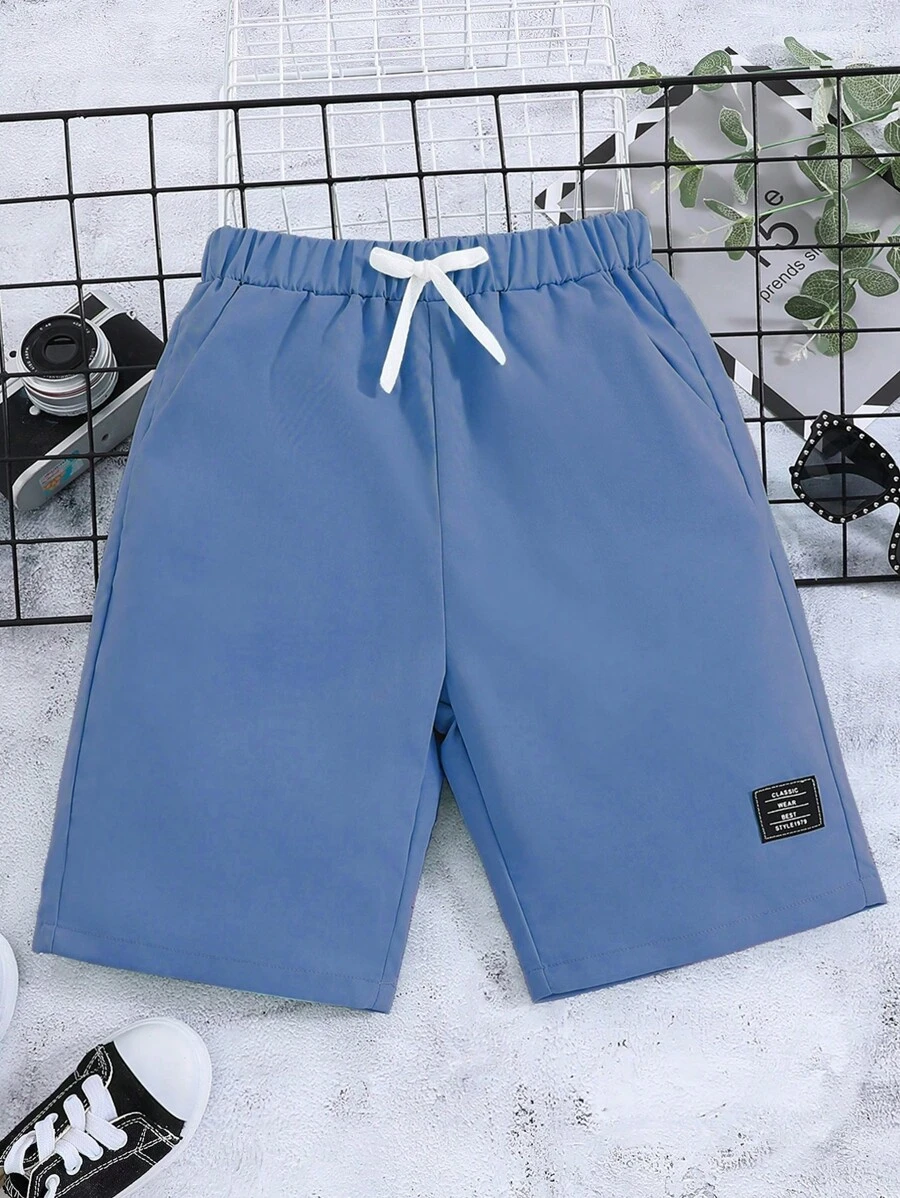 SHEIN Tween Boy Letter Patched Detail Drawstring Waist Shorts - Dusty Blue - View 1
