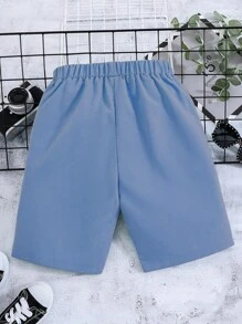 SHEIN Tween Boy Letter Patched Detail Drawstring Waist Shorts - Dusty Blue - View 2