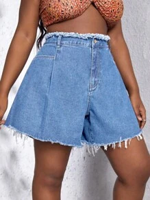 Plus Solid Raw Trim Wide Leg Denim Shorts - Light Wash - View 1