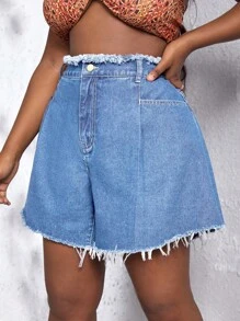 Plus Solid Raw Trim Wide Leg Denim Shorts - Light Wash - View 3