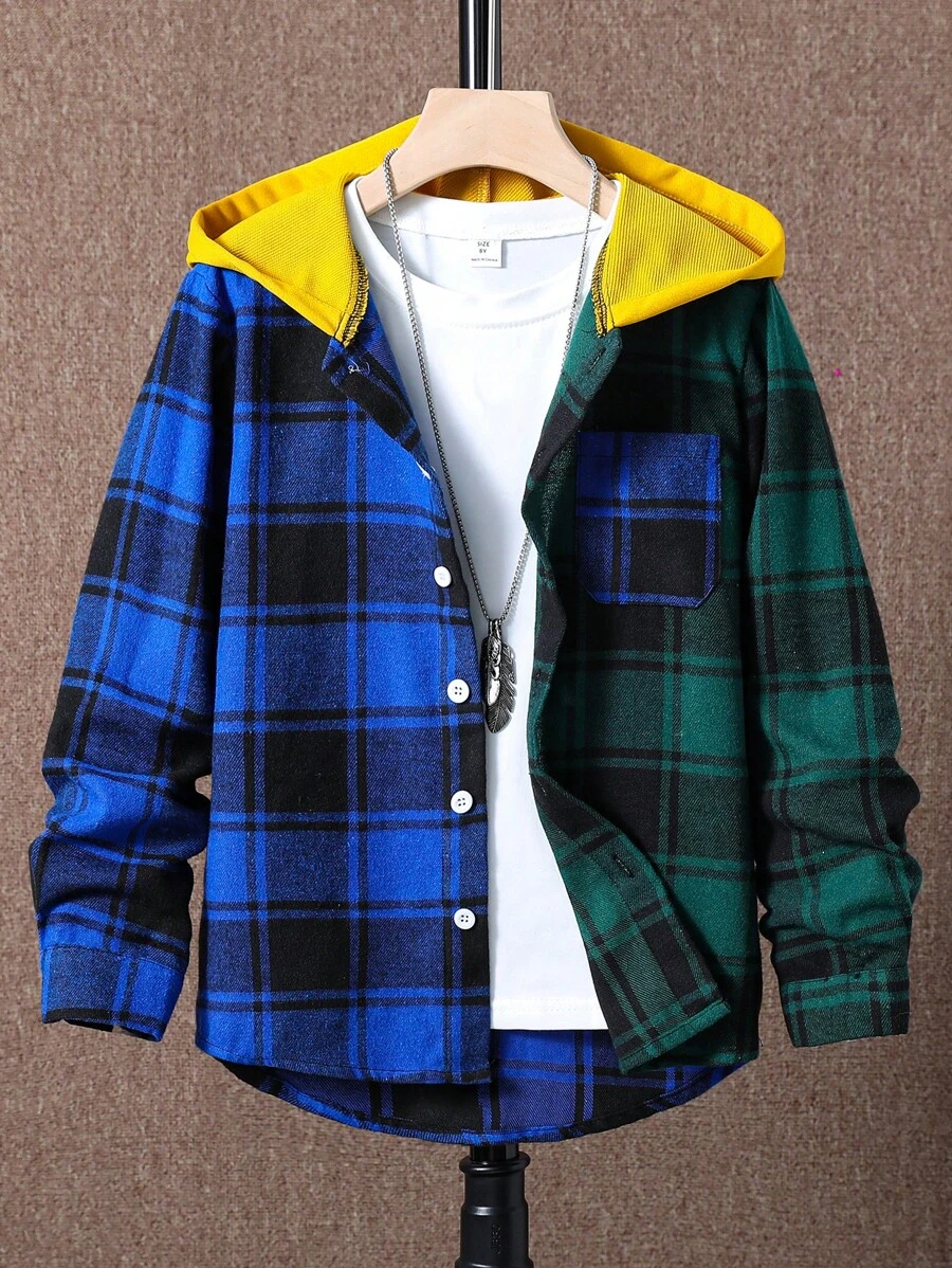 SHEIN Cậu bé Tween In kẻ sọc áo có mũ Áo sơ mi Without Tee - Nhiều màu - Xem 1