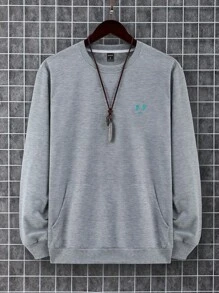 Manfinity Homme Nam Thêu biểu cảm Túi kangaroo Áo nỉ Không có vòng cổ - Xám - Xem 1