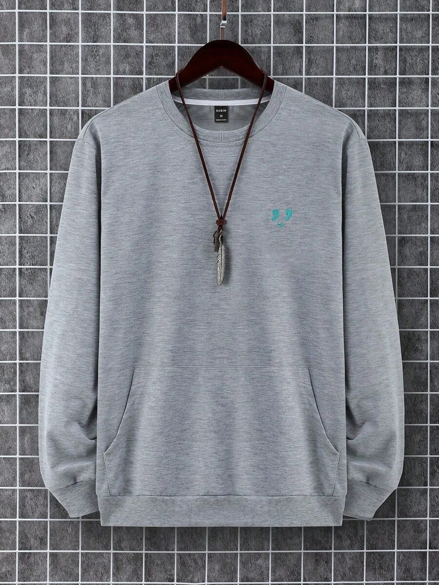 Manfinity Homme Nam Thêu biểu cảm Túi kangaroo Áo nỉ Không có vòng cổ - Xám - Xem 1