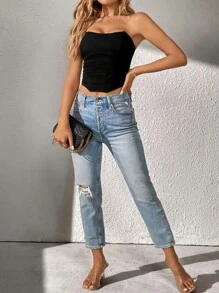 SHEIN Tall Top tubo crop unicolor fruncido - Negro - Ver 3