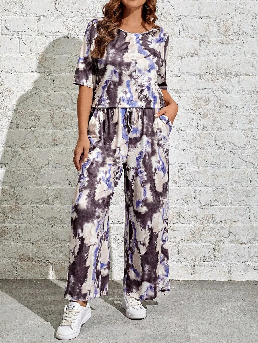 EMERY ROSE Hơn Nhuộm buộc Áo thun & Quần ống rộng - Nhiều màu - Xem 1