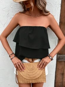 Breezaya 素色荷葉邊抹胸上衣 - 黑色 - 查看 3