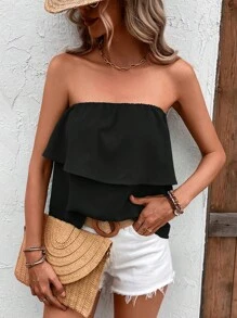 Breezaya 素色荷葉邊抹胸上衣 - 黑色 - 查看 4