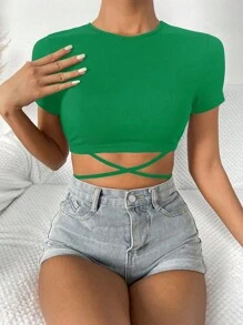 SHEIN Essnce Áo thun nữ Hội Chữ thập Buộc lại Gân đan màu trơn Giải trí - màu xanh lá - Xem 1