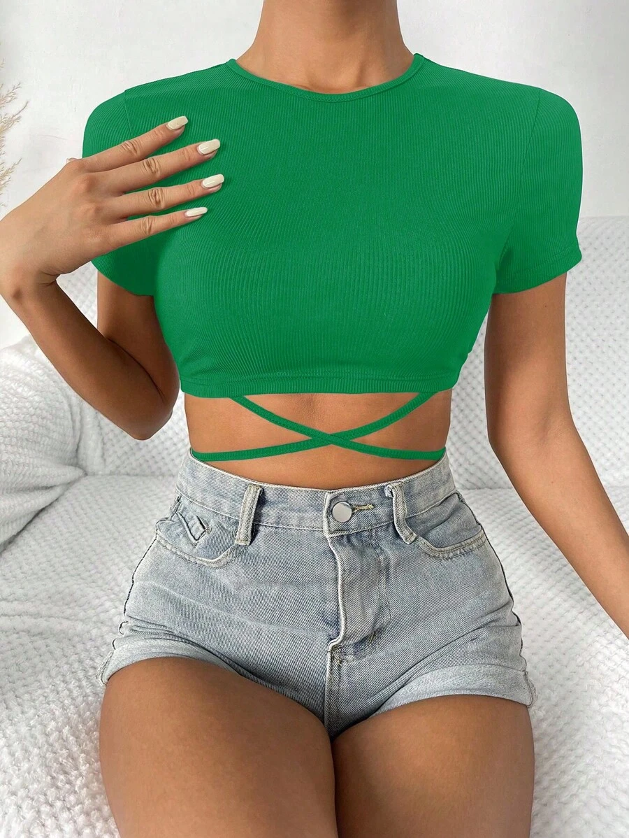 SHEIN Essnce Áo thun nữ Hội Chữ thập Buộc lại Gân đan màu trơn Giải trí - màu xanh lá - Xem 1