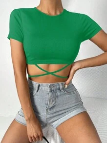 SHEIN Essnce Áo thun nữ Hội Chữ thập Buộc lại Gân đan màu trơn Giải trí - màu xanh lá - Xem 3