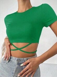 SHEIN Essnce Áo thun nữ Hội Chữ thập Buộc lại Gân đan màu trơn Giải trí - màu xanh lá - Xem 4