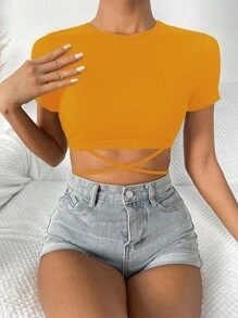 SHEIN Essnce 素色十字交叉後綁帶短款T恤 - 黃色 - 查看 1