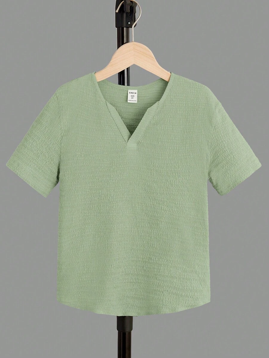 SHEIN 男孩素色缺口領襯衫 - 薄荷綠 - 查看 1