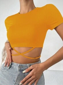 SHEIN Essnce 素色十字交叉後綁帶短款T恤 - 黃色 - 查看 3