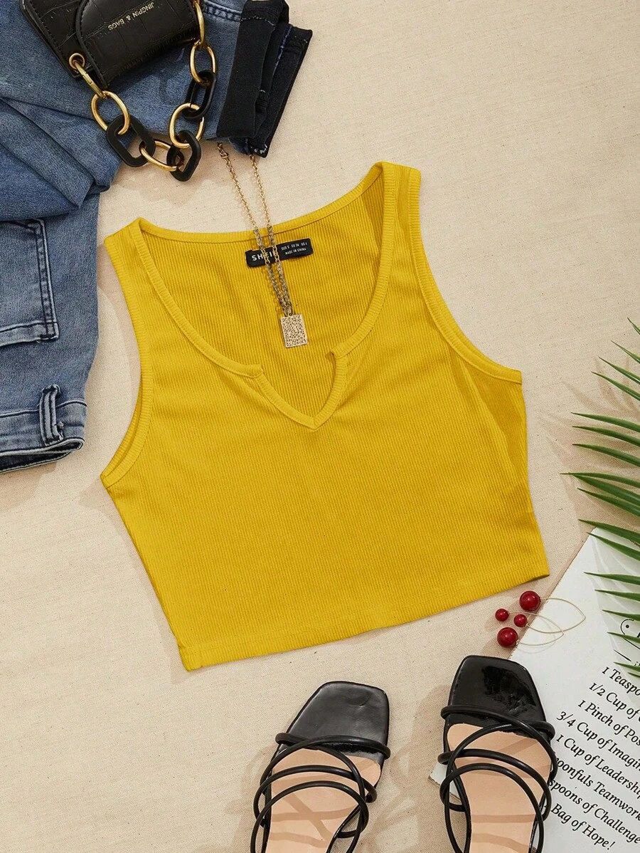 SHEIN Unity Top tank de cuello de muesca tejido de canalé - Amarillo - Ver 1