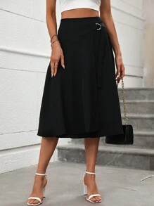 SHEIN Privé 素色帶扣細節裹身裙 - 黑色 - 查看 1