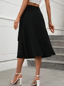 SHEIN Privé 素色帶扣細節裹身裙 - 黑色 - 查看 2