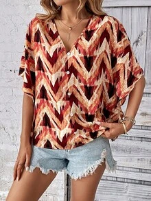 SHEIN Clasi 鋸齒形印花蝙蝠袖襯衫 - 彩色 - 查看 4