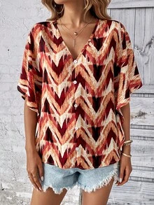 SHEIN Clasi 鋸齒形印花蝙蝠袖襯衫 - 彩色 - 查看 5