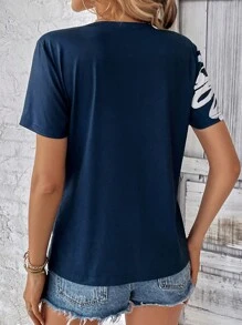 SHEIN LUNE Áo thun nữ Hoa Giải trí - Màu xanh hải quân - Xem 2