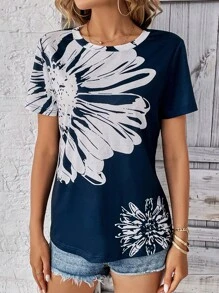SHEIN LUNE Áo thun nữ Hoa Giải trí - Màu xanh hải quân - Xem 5