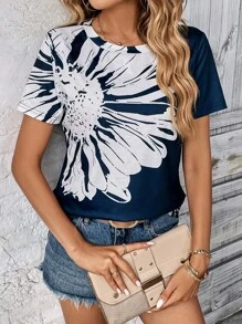 SHEIN LUNE Áo thun nữ Hoa Giải trí - Màu xanh hải quân - Xem 6