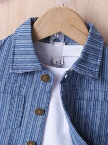 2 件套男婴休闲街头风格牛仔效果领长袖夹克和长裤秋冬装 - 藍色 - 查看 6