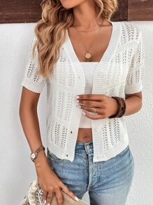 Chiquease 素色網眼針織前紐扣開襟衫 - 白色 - 查看 3