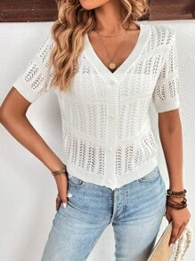 Chiquease 素色網眼針織前紐扣開襟衫 - 白色 - 查看 6