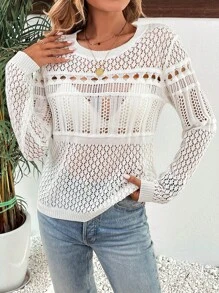 SHEIN LUNE Áo len nữ màu trơn Giải trí - trắng - Xem 4