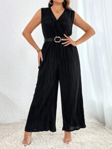 SHEIN Privé 大碼交疊領闊腿連體褲不附腰帶 - 黑色 - 查看 3