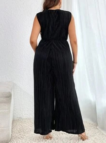 SHEIN Privé 大碼交疊領闊腿連體褲不附腰帶 - 黑色 - 查看 2