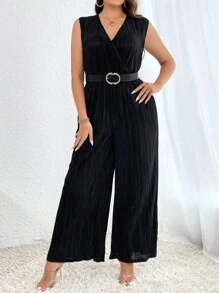 SHEIN Privé 大碼交疊領闊腿連體褲不附腰帶 - 黑色 - 查看 1