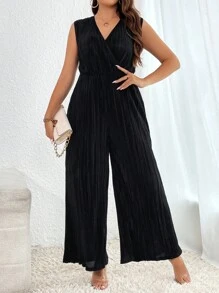 SHEIN Privé 大碼交疊領闊腿連體褲不附腰帶 - 黑色 - 查看 4