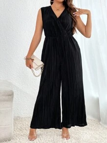 SHEIN Privé 大碼交疊領闊腿連體褲不附腰帶 - 黑色 - 查看 6