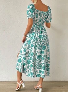 Breezaya Floral Print Off Shoulder Split Thigh Dress Maxi Women Outfit - Green - View 2